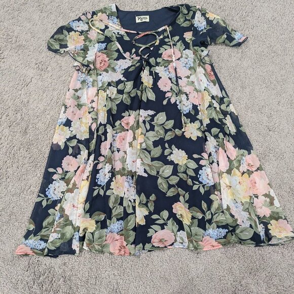 Show Me Your Mumu Small Kylie Lace Up Dress Blue with Pastel Floral - Picture 1 of 8
